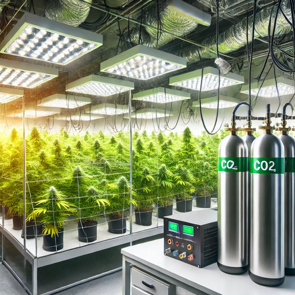 Commercial cannabis grow room featuring CO₂ tanks and an automated delivery system with lush cannabis plants under bright grow lights, showcasing optimal cultivation equipment and setup